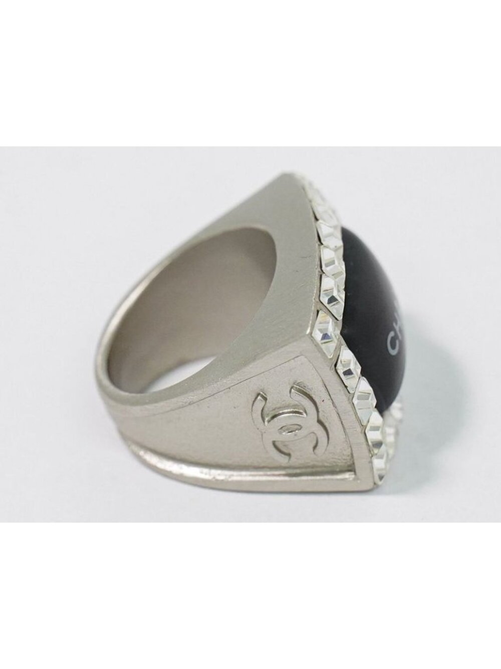 Chanel Logo Rhinestone Ring Metal Silver Black - Picture 5 of 11